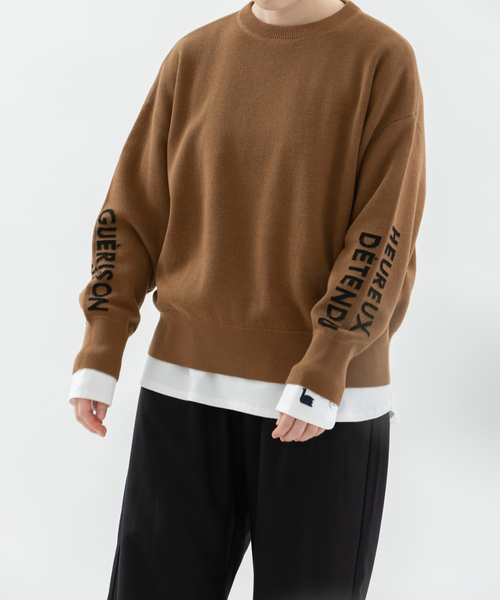 ノップドゥノッド（nop de nod）/袖ロゴオーバーサイズスエット風ニット セール】袖ロゴオーバーサイズスエット風ニット（ニット/セーター