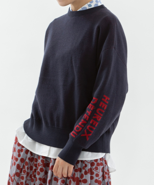 セール】袖ロゴオーバーサイズスエット風ニット（ニット/セーター