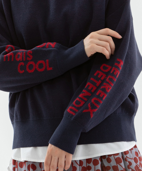 セール】袖ロゴオーバーサイズスエット風ニット（ニット/セーター