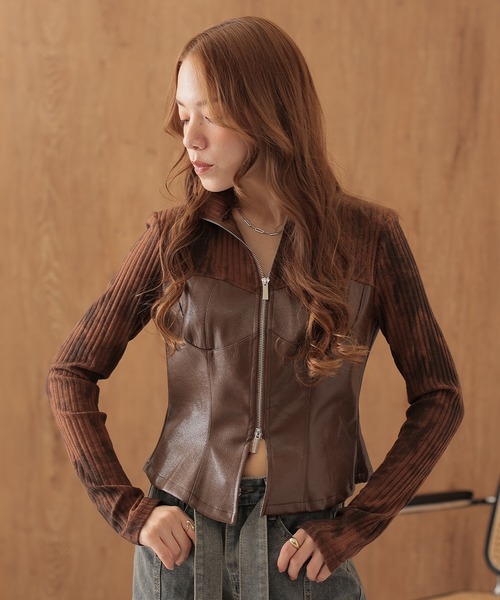SUWDEE（スーディー）の「bustier docking double zip tops（ニット/セーター・レディース・ブラック/ブラウン・FREE）」の2枚目の写真