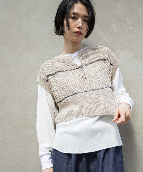 Munich(ミューニック)の「リブ編み×スカシ編みニットジレ(ニット/セーター・レディース・グレー/ブラック/グレイッシュベージュ・FREE)」の3枚目の写真