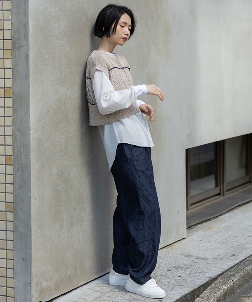 Munich(ミューニック)の「リブ編み×スカシ編みニットジレ(ニット/セーター・レディース・グレー/ブラック/グレイッシュベージュ・FREE)」の11枚目の写真