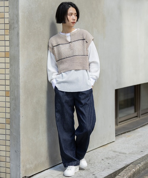 Munich(ミューニック)の「リブ編み×スカシ編みニットジレ(ニット/セーター・レディース・グレー/ブラック/グレイッシュベージュ・FREE)」の12枚目の写真