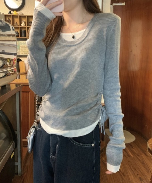 Ritzy(リッツィー)の「フェイクレイヤード配色 サイドシャーリング Uネックニット(ニット/セーター・レディース・ベージュ/モカ/グレー・FREE)」の11枚目の写真