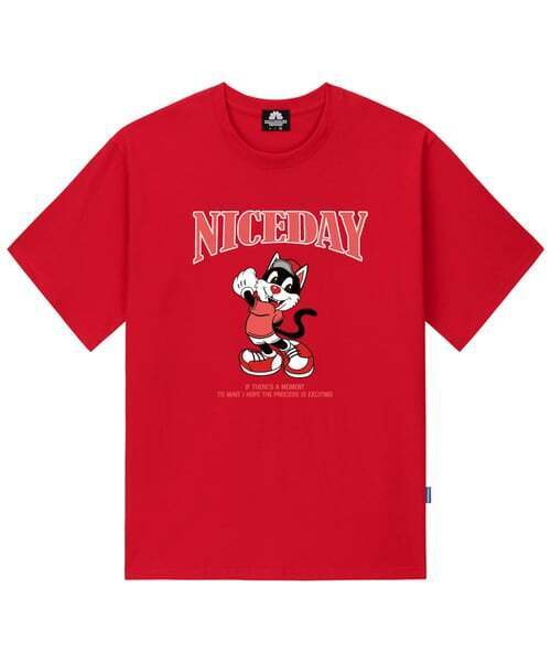 TRIPSHION(トリップション)の「NICEDAY ピンクキャットグラフィックTシャツ - レッド(Tシャツ/カットソー・メンズ・その他・LARGE/MEDIUM/X-LARGE)」の1枚目の写真