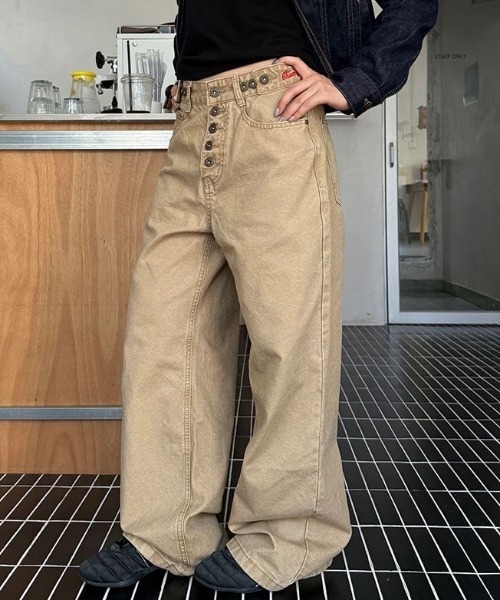 セール】マルチボタンハイウエストワイドデニム（カーゴパンツ