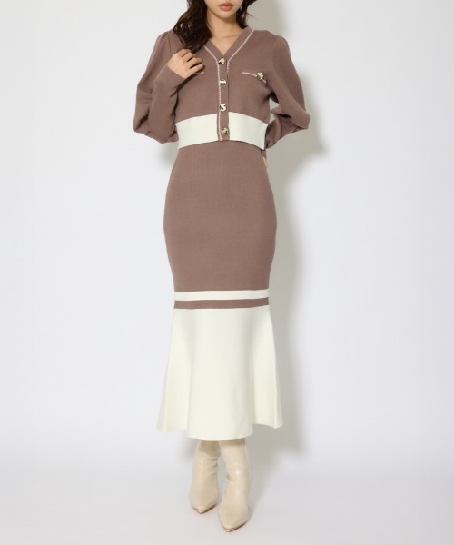 バイカラーカーデセットニットワンピース 冬服 春服