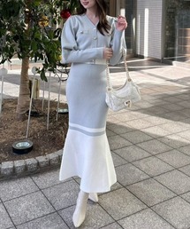 バイカラーカーデセットニットワンピース 冬服 春服