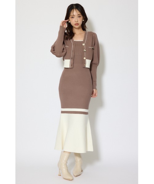 バイカラーカーデセットニットワンピース 冬服 春服（ワンピース