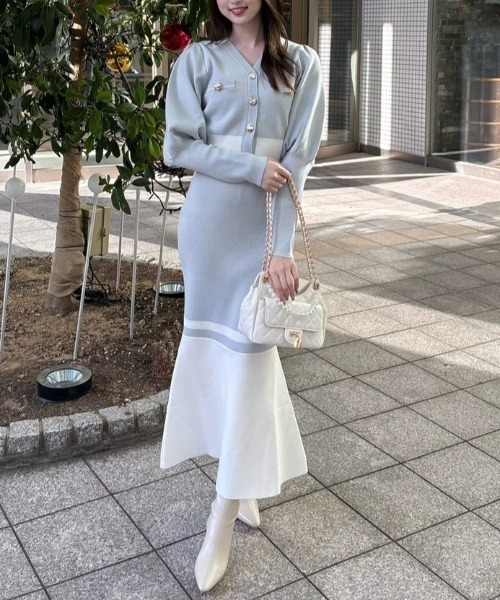 セール】バイカラーカーデセットニットワンピース 冬服 春服