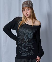 SEQUENZ（シークエンズ）の「【sqnz（エスキュンズ）】sqnz rock sheer knit / レディース ワンショルダー ニット クルーネック 長袖 プリント シアー（ニット/セーター）」