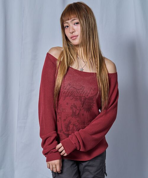 SEQUENZ（シークエンズ）の「【sqnz（エスキュンズ）】sqnz rock sheer knit / レディース ワンショルダー ニット クルーネック 長袖 プリント シアー（ニット/セーター・レディース・レッド/グレイッシュベージュ/ブラック・MEDIUM/SMALL）」の15枚目の写真