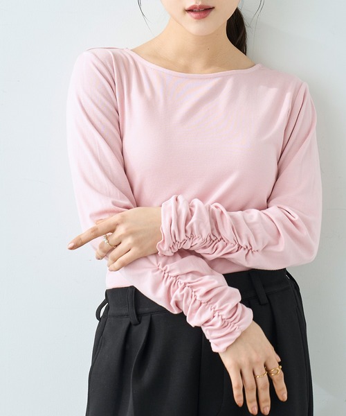 mil(ミル)の「袖口シャーリング デザイントップス【586103】(Tシャツ/カットソー・レディース・ライトグレー/ピンク/オフホワイト/ブラック・XS/S)」の4枚目の写真