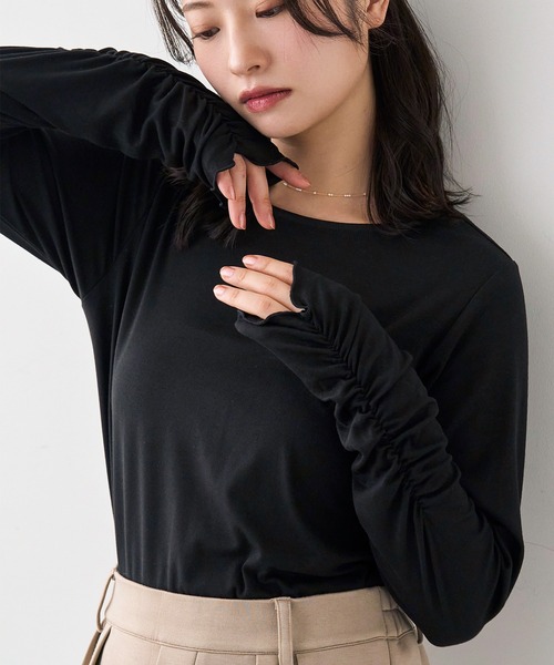 mil(ミル)の「袖口シャーリング デザイントップス【586103】(Tシャツ/カットソー・レディース・ライトグレー/ピンク/オフホワイト/ブラック・XS/S)」の1枚目の写真