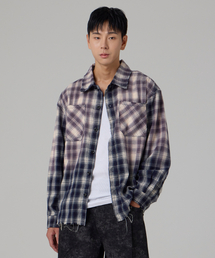 AOTT（アンアウトピット）の「ウォッシングダメージチェックシャツネイビー（シャツ/ブラウス）」