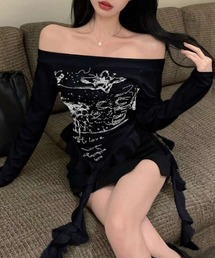 アートプリント アシンメトリーフリルオフショルダーTシャツ