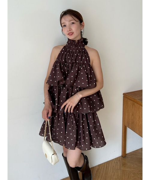 SNIDEL（スナイデル）の「ボリュームエアリーミニワンピース（ワンピース・レディース・ブラウン/ホワイト/ドット・1/0）」の12枚目の写真