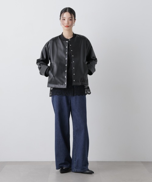 NANO universe（ナノユニバース）の「フェイクレザーパールドットノーカラージャケット（ノーカラージャケット・レディース・ブラック/ベージュ・FREE）」の13枚目の写真