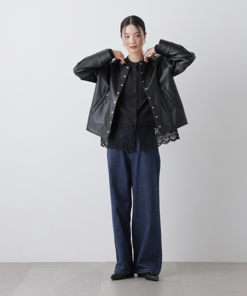 NANO universe（ナノユニバース）の「フェイクレザーパールドットノーカラージャケット（ノーカラージャケット・レディース・ブラック/ベージュ・FREE）」の16枚目の写真