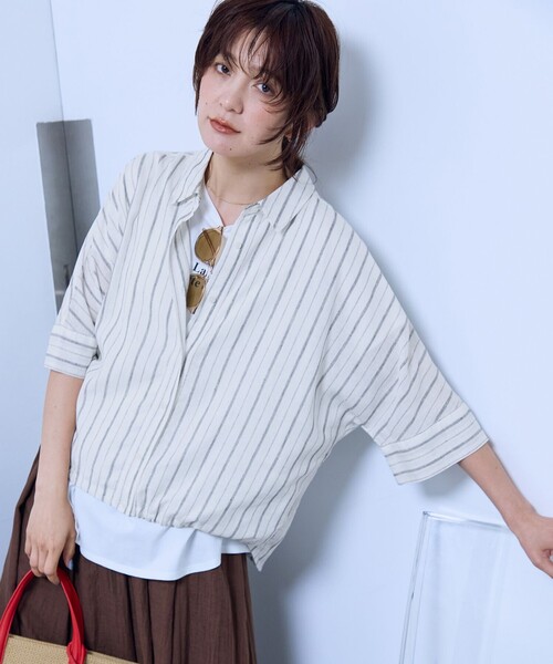 ANY(エニィ)の「【新色追加】ヨーロピアンリネンハーフスリーブシャツ(シャツ/ブラウス・レディース・グレー系/ライトイエロー系/ベージュ系/ブルー系/ホワイト系1/ダークブラウン系/ピンク系/ネイビー系/グリーン系・F)」の1枚目の写真