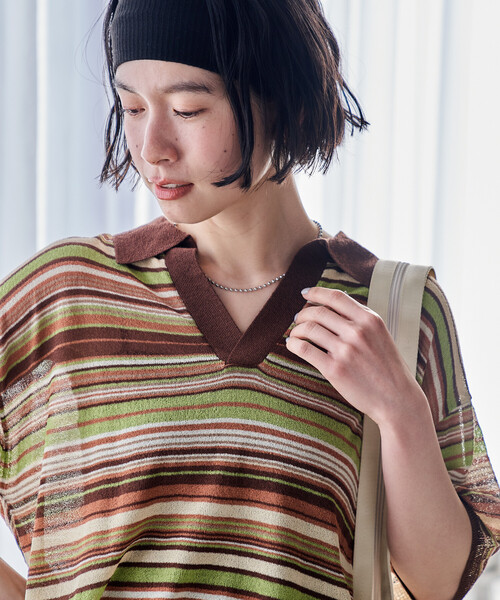 FREAK'S STORE（フリークスストア）の「シアー スキッパー 半袖 サマーニット（ニット/セーター・レディース・チャコール/ネイビー/ピンク/ブルーグリーン/サックスブルー・ﾌﾘ-）」の13枚目の写真
