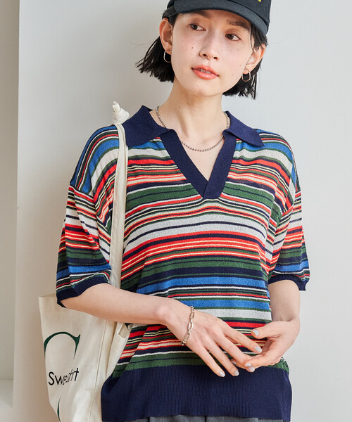 FREAK'S STORE（フリークスストア）の「シアー スキッパー 半袖 サマーニット（ニット/セーター・レディース・チャコール/ネイビー/ピンク/ブルーグリーン/サックスブルー・ﾌﾘ-）」の19枚目の写真
