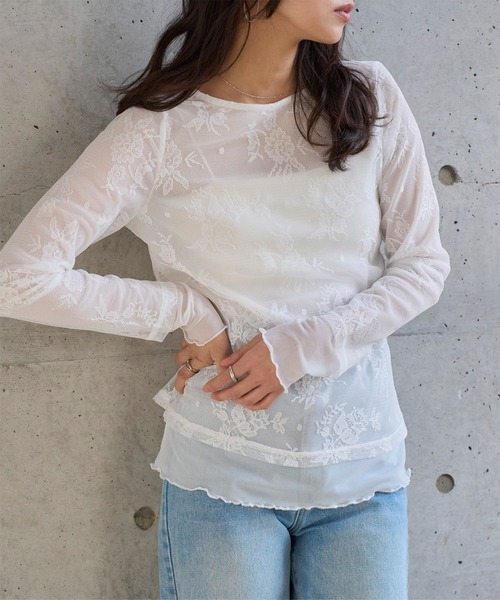 KOBE LETTUCE(コウベレタス)の「シアーレースレイヤードトップス(Tシャツ/カットソー・レディース・ブラック/ホワイト・M)」の3枚目の写真