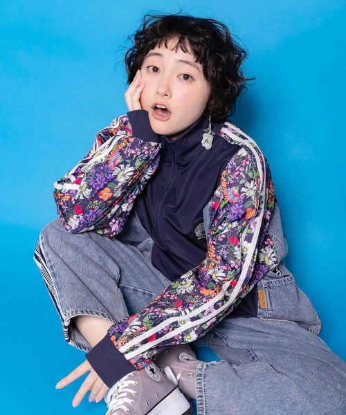 ScoLar(スカラー) 花ネコ柄ジャージ×デニム 異素材切替ブルゾン