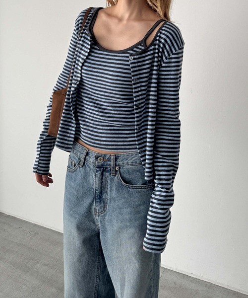CANAL JEAN(キャナルジーン)の「HARING アイレットボーダーアンサンブル(アンサンブル・レディース・チャコールグレー/サックスブルー・ONE SIZE)」の1枚目の写真