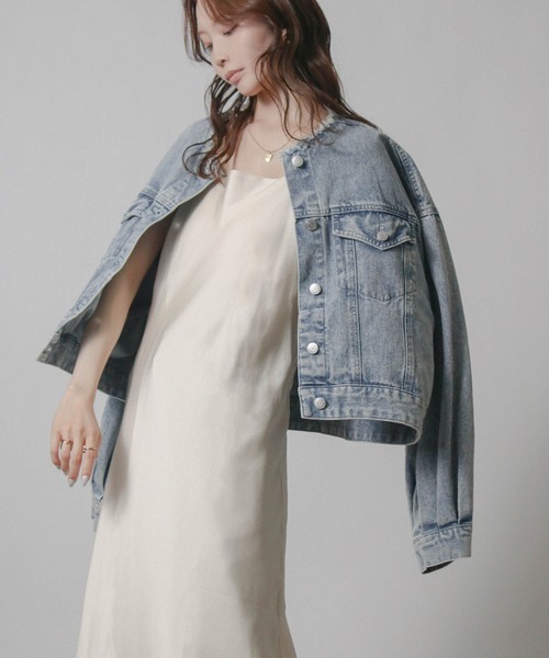 NYLAUS(ナイラス)の「【SG】ノーカラーショート丈デニムジャケット Gジャン ボリューム袖 カットオフ(デニムジャケット・レディース・ライトブルー/ブラック/ブルー・L/M)」の20枚目の写真