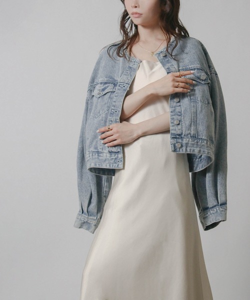 NYLAUS(ナイラス)の「【SG】ノーカラーショート丈デニムジャケット Gジャン ボリューム袖 カットオフ(デニムジャケット・レディース・ライトブルー/ブラック/ブルー・L/M)」の21枚目の写真