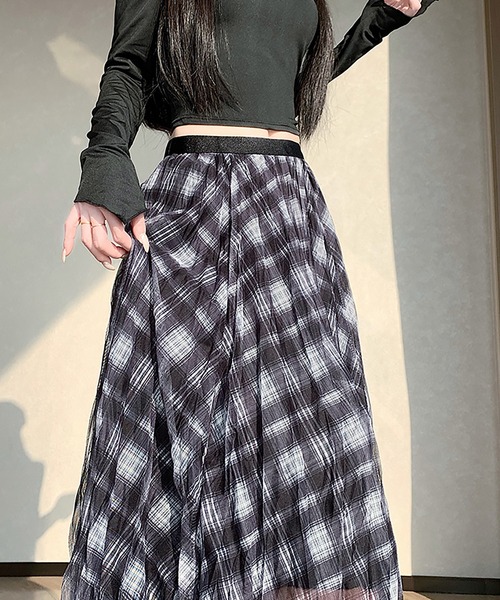 Girly Doll(ガーリードール)の「シアーチェックロングスカート(スカート・レディース・ブラウン/ブラック/ブルー・F)」の5枚目の写真