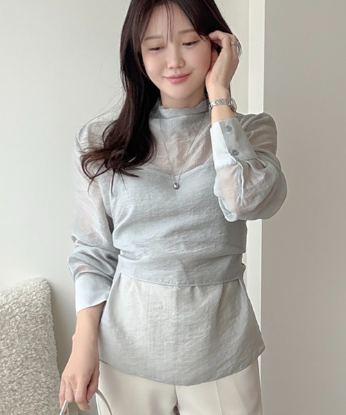 Doula Doula（ドゥーラドゥーラ）の「ビスチェドッキングハイネックシアーブラウス（シャツ/ブラウス・レディース・グレー/ピンク・FREE）」の9枚目の写真