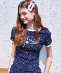 Angel Cat Dot Ringer T-shirt Navy