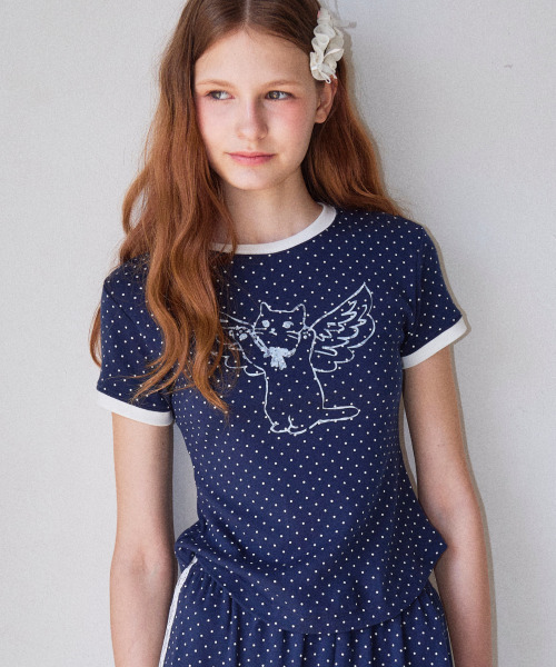 ROGIN N ROSIE(ロギンエンロージー)の「Angel Cat Dot Ringer T-shirt Navy(Tシャツ/カットソー・レディース・その他・FREE)」の2枚目の写真