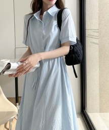 裾フレア 切替 シャツ ロング ワンピース
