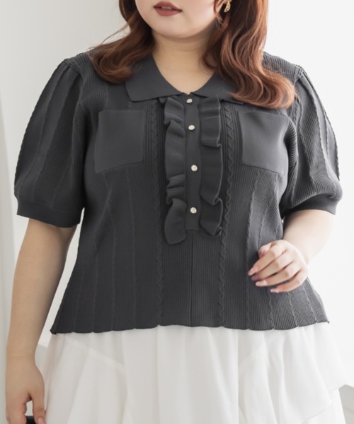 CLETTE（クレット）の「CLETTEオリジナルフリルポロニット（ニット/セーター・レディース・チャコールグレー/ワイン/アイボリー・3L/LL/4L）」の3枚目の写真