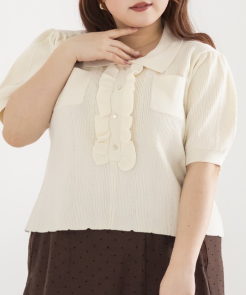CLETTE（クレット）の「CLETTEオリジナルフリルポロニット（ニット/セーター・レディース・チャコールグレー/ワイン/アイボリー・3L/LL/4L）」の2枚目の写真