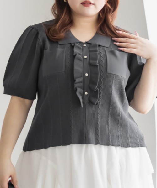 CLETTE（クレット）の「CLETTEオリジナルフリルポロニット（ニット/セーター・レディース・チャコールグレー/ワイン/アイボリー・3L/LL/4L）」の7枚目の写真