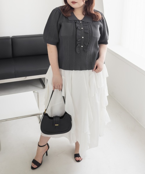 CLETTE（クレット）の「CLETTEオリジナルフリルポロニット（ニット/セーター・レディース・チャコールグレー/ワイン/アイボリー・3L/LL/4L）」の9枚目の写真