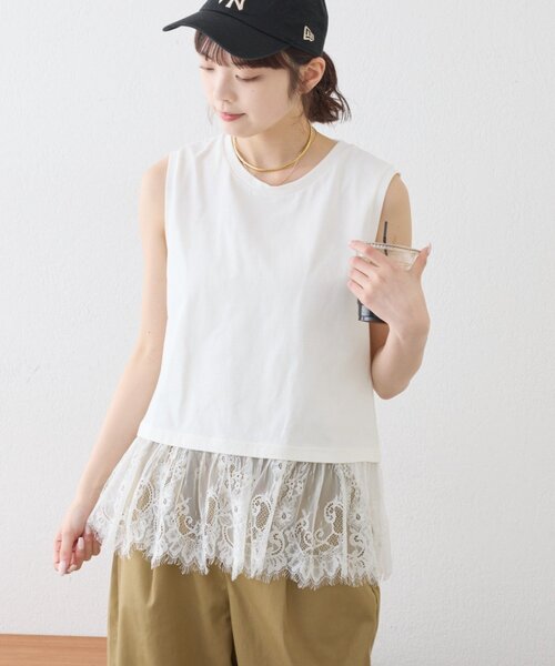 CIAOPANIC TYPY（チャオパニックティピー）の「【+1で着映え】裾レースノースリーブTee（タンクトップ・レディース・ホワイト/グレー/オフホワイト/ブラック・ONE SIZE）」の6枚目の写真