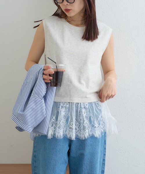 CIAOPANIC TYPY（チャオパニックティピー）の「【+1で着映え】裾レースノースリーブTee（タンクトップ・レディース・ホワイト/グレー/オフホワイト/ブラック・ONE SIZE）」の19枚目の写真