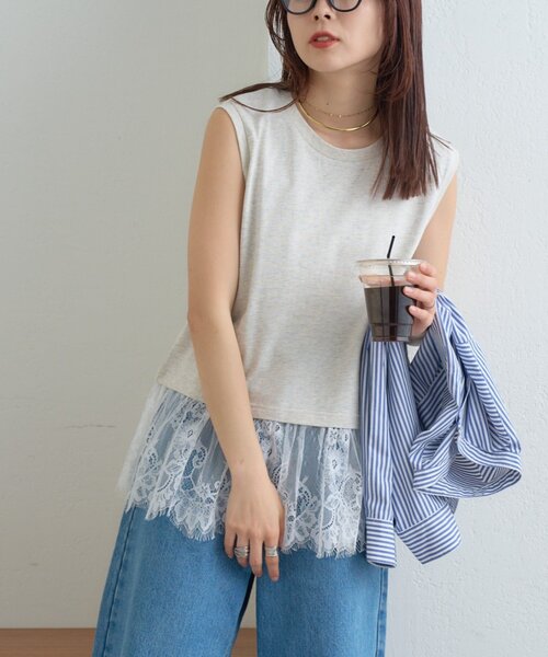 CIAOPANIC TYPY（チャオパニックティピー）の「【+1で着映え】裾レースノースリーブTee（タンクトップ・レディース・ホワイト/グレー/オフホワイト/ブラック・ONE SIZE）」の20枚目の写真