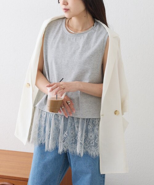 CIAOPANIC TYPY(チャオパニックティピー)の「【+1で着映え】裾レースノースリーブTee(タンクトップ・レディース・ホワイト/グレー/オフホワイト/ブラック・ONE SIZE)」の16枚目の写真