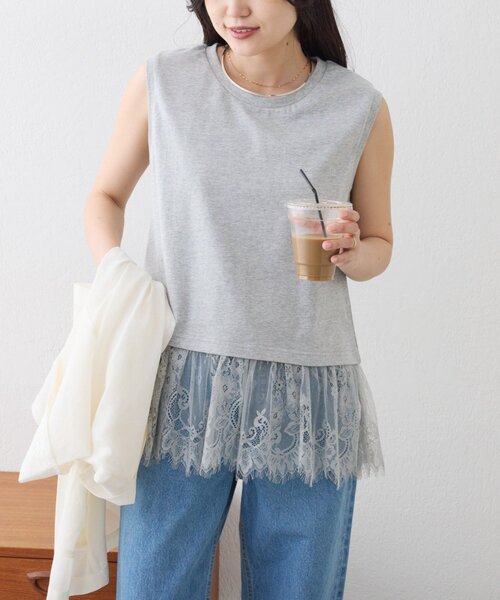 CIAOPANIC TYPY(チャオパニックティピー)の「【+1で着映え】裾レースノースリーブTee(タンクトップ・レディース・ホワイト/グレー/オフホワイト/ブラック・ONE SIZE)」の18枚目の写真