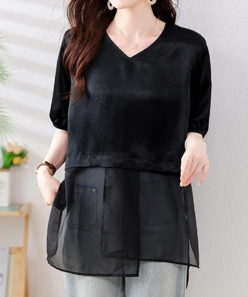 LUCPY(ラクピー)の「シアー切替Vネックチュニックトップス(その他トップス・レディース・ブラック・XX-LARGE/X-LARGE/LARGE/MEDIUM)」の3枚目の写真