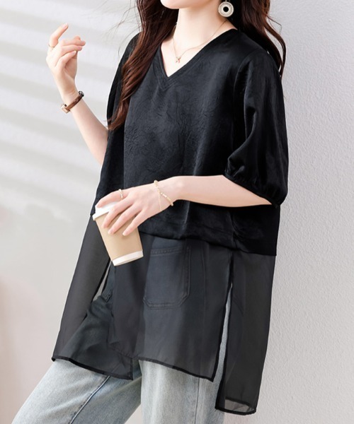 LUCPY(ラクピー)の「シアー切替Vネックチュニックトップス(その他トップス・レディース・ブラック・XX-LARGE/X-LARGE/LARGE/MEDIUM)」の4枚目の写真