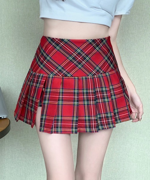 REMUR(レミュール)の「チェック柄ミニスカパン スリット入り(スカート・レディース・グリーン/ピンク/ダークグリーン/ベージュ/レッド/ブルー・M/S/L)」の6枚目の写真