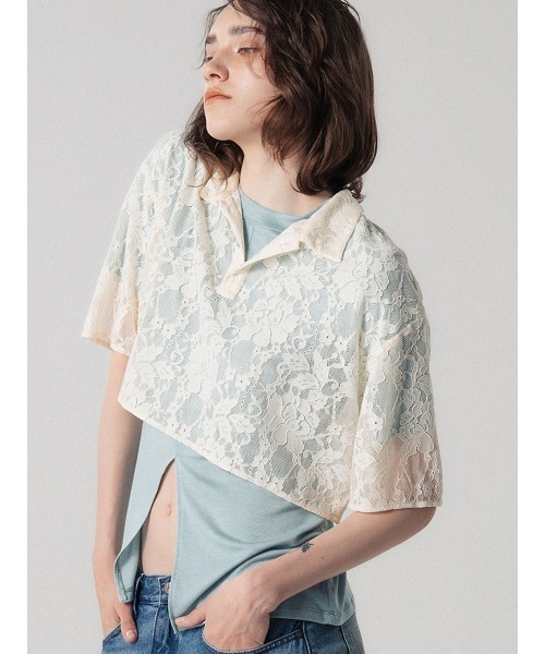 ELCHELE(エルチェレ)の「LACE POLO SHIRT(Tシャツ/カットソー・レディース・オフホワイト/ブラック/ベビーピンク・FREE)」の1枚目の写真