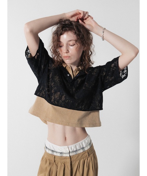 ELCHELE(エルチェレ)の「LACE POLO SHIRT(Tシャツ/カットソー・レディース・オフホワイト/ブラック/ベビーピンク・FREE)」の10枚目の写真
